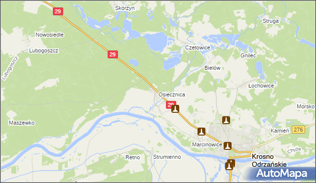 mapa Osiecznica gmina Krosno Odrzańskie, Osiecznica gmina Krosno Odrzańskie na mapie Targeo