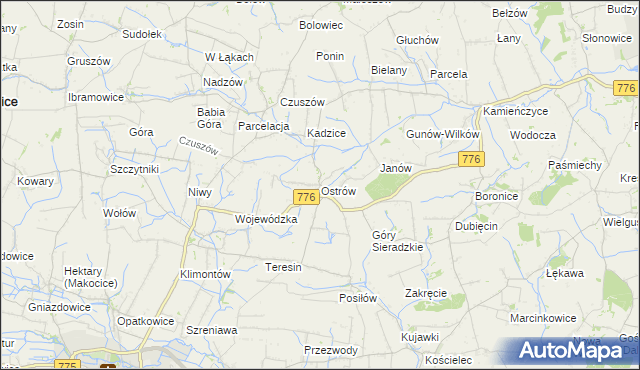 mapa Ostrów gmina Proszowice, Ostrów gmina Proszowice na mapie Targeo