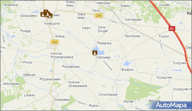 mapa Ostrowąs gmina Aleksandrów Kujawski, Ostrowąs gmina Aleksandrów Kujawski na mapie Targeo