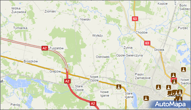 mapa Ostrówek gmina Siedlce, Ostrówek gmina Siedlce na mapie Targeo