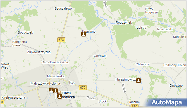 mapa Ostrowie gmina Dąbrowa Białostocka, Ostrowie gmina Dąbrowa Białostocka na mapie Targeo