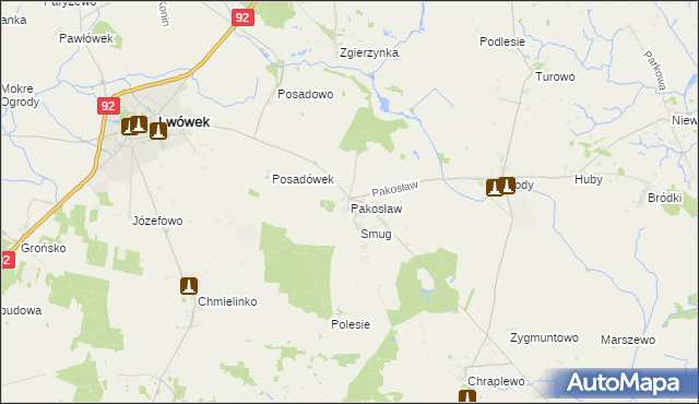 mapa Pakosław gmina Lwówek, Pakosław gmina Lwówek na mapie Targeo