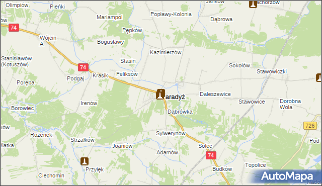 mapa Paradyż powiat opoczyński, Paradyż powiat opoczyński na mapie Targeo