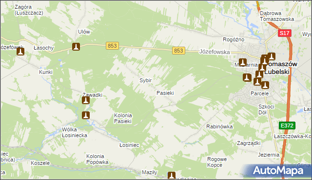 mapa Pasieki gmina Tomaszów Lubelski, Pasieki gmina Tomaszów Lubelski na mapie Targeo