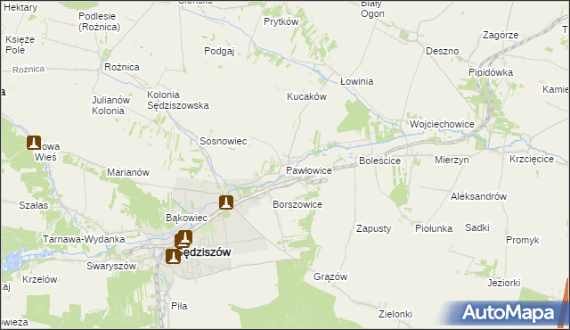 mapa Pawłowice gmina Sędziszów, Pawłowice gmina Sędziszów na mapie Targeo