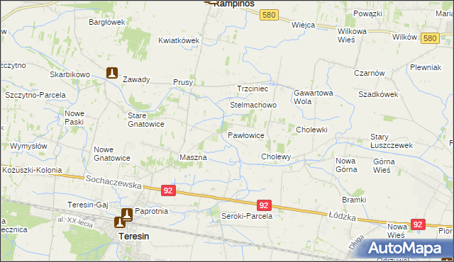 mapa Pawłowice gmina Teresin, Pawłowice gmina Teresin na mapie Targeo