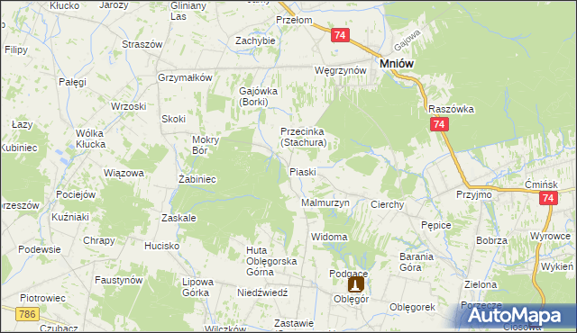 mapa Piaski gmina Mniów, Piaski gmina Mniów na mapie Targeo