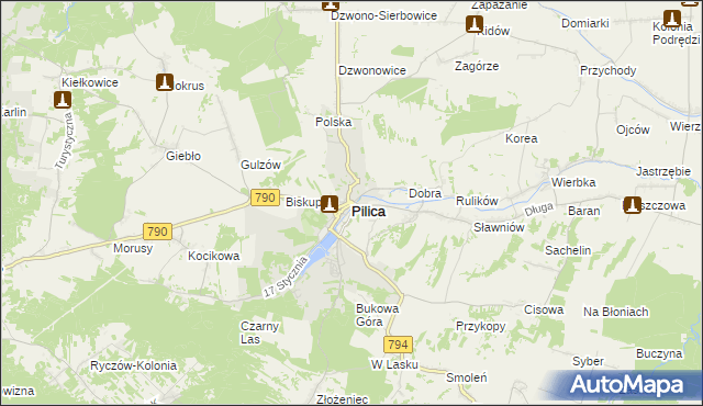 mapa Pilica powiat zawierciański, Pilica powiat zawierciański na mapie Targeo