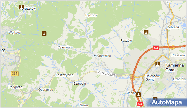 mapa Pisarzowice gmina Kamienna Góra, Pisarzowice gmina Kamienna Góra na mapie Targeo