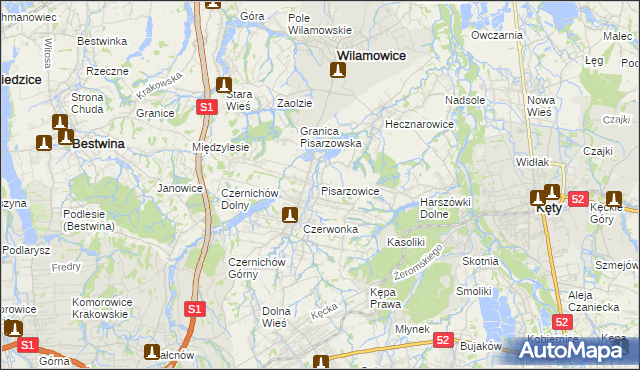 mapa Pisarzowice gmina Wilamowice, Pisarzowice gmina Wilamowice na mapie Targeo