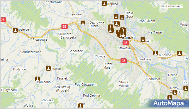 mapa Płowce gmina Sanok, Płowce gmina Sanok na mapie Targeo
