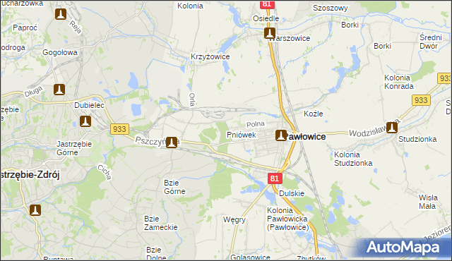 mapa Pniówek gmina Pawłowice, Pniówek gmina Pawłowice na mapie Targeo