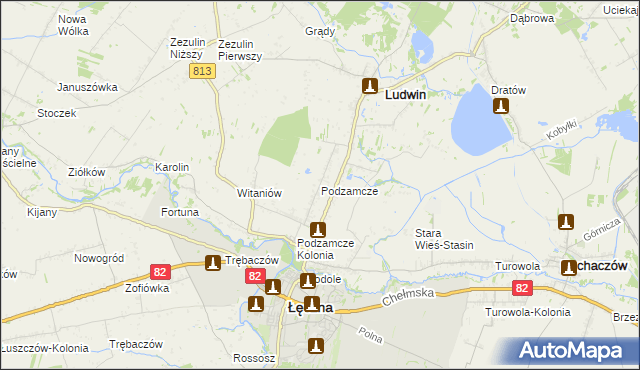 mapa Podzamcze gmina Łęczna, Podzamcze gmina Łęczna na mapie Targeo