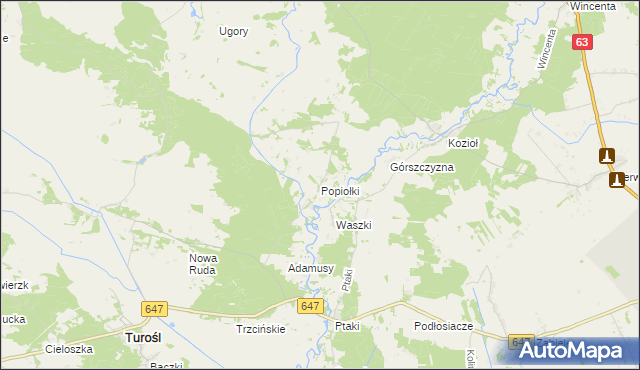 mapa Popiołki gmina Turośl, Popiołki gmina Turośl na mapie Targeo