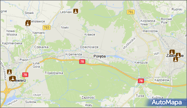 mapa Poręba powiat zawierciański, Poręba powiat zawierciański na mapie Targeo