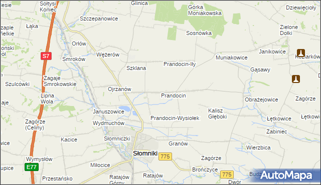 mapa Prandocin gmina Słomniki, Prandocin gmina Słomniki na mapie Targeo
