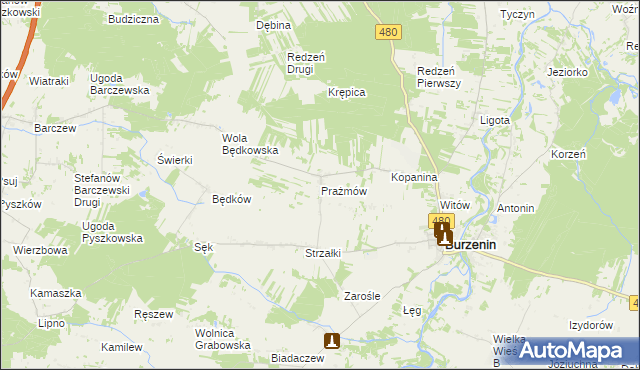 mapa Prażmów gmina Burzenin, Prażmów gmina Burzenin na mapie Targeo