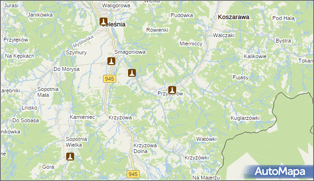 mapa Przyborów gmina Jeleśnia, Przyborów gmina Jeleśnia na mapie Targeo