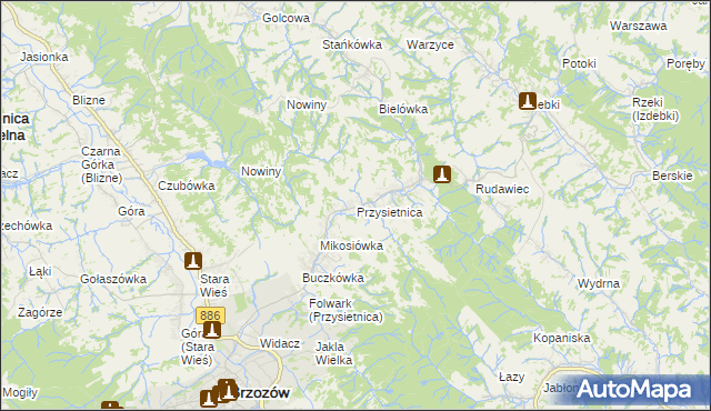 mapa Przysietnica gmina Brzozów, Przysietnica gmina Brzozów na mapie Targeo