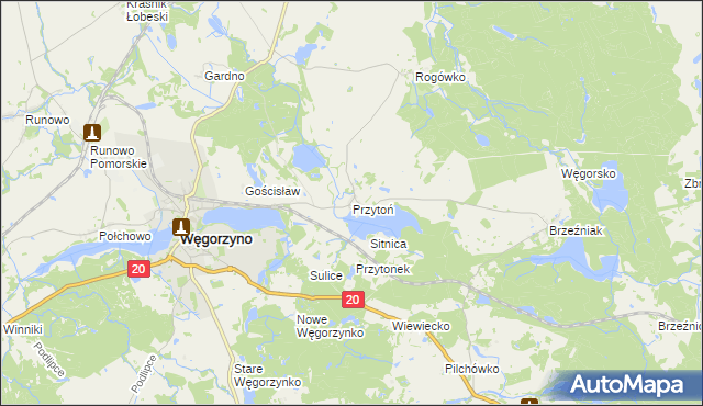 mapa Przytoń gmina Węgorzyno, Przytoń gmina Węgorzyno na mapie Targeo