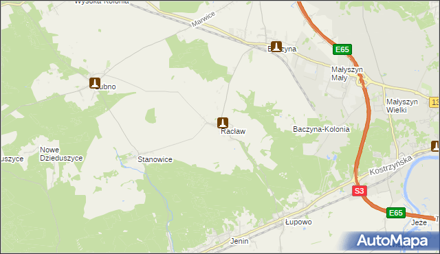 mapa Racław gmina Bogdaniec, Racław gmina Bogdaniec na mapie Targeo