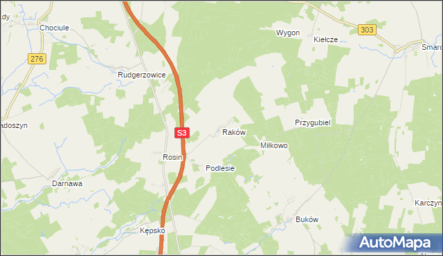 mapa Raków gmina Świebodzin, Raków gmina Świebodzin na mapie Targeo