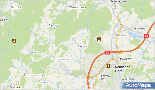 mapa Raszów gmina Kamienna Góra, Raszów gmina Kamienna Góra na mapie Targeo