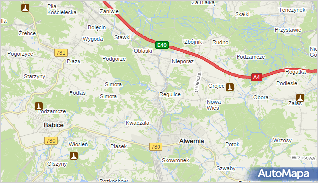 mapa Regulice gmina Alwernia, Regulice gmina Alwernia na mapie Targeo