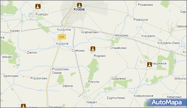 mapa Rogowo gmina Krobia, Rogowo gmina Krobia na mapie Targeo