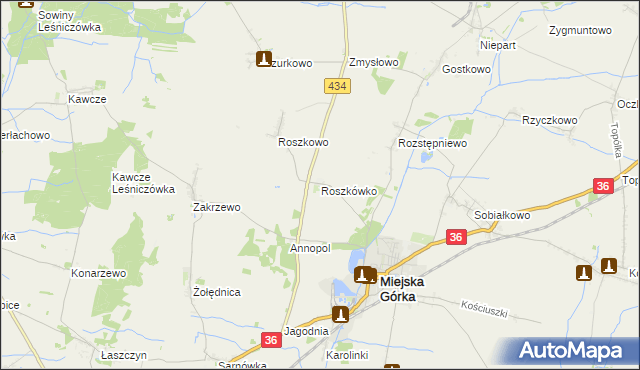 mapa Roszkówko gmina Miejska Górka, Roszkówko gmina Miejska Górka na mapie Targeo