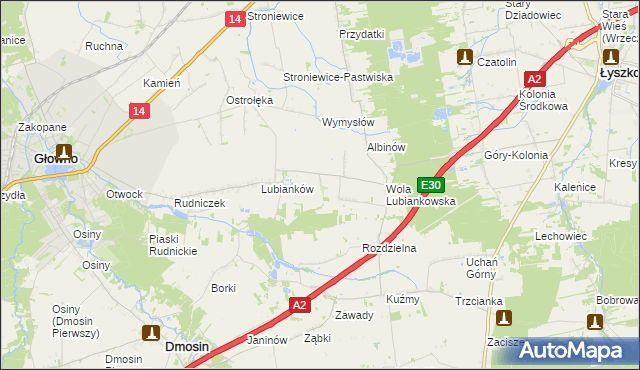 mapa Różany gmina Głowno, Różany gmina Głowno na mapie Targeo