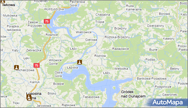 mapa Rożnów gmina Gródek nad Dunajcem, Rożnów gmina Gródek nad Dunajcem na mapie Targeo