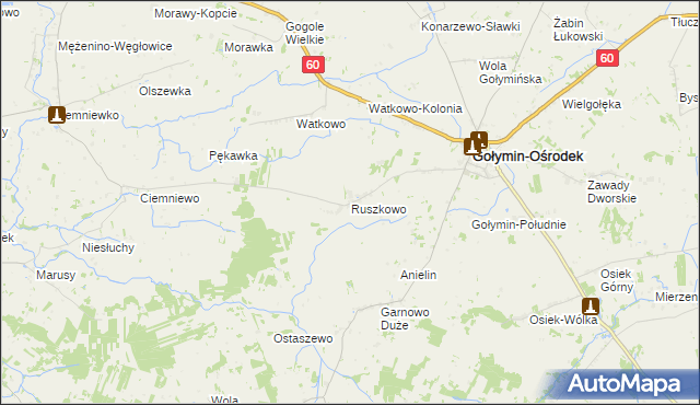 mapa Ruszkowo gmina Gołymin-Ośrodek, Ruszkowo gmina Gołymin-Ośrodek na mapie Targeo
