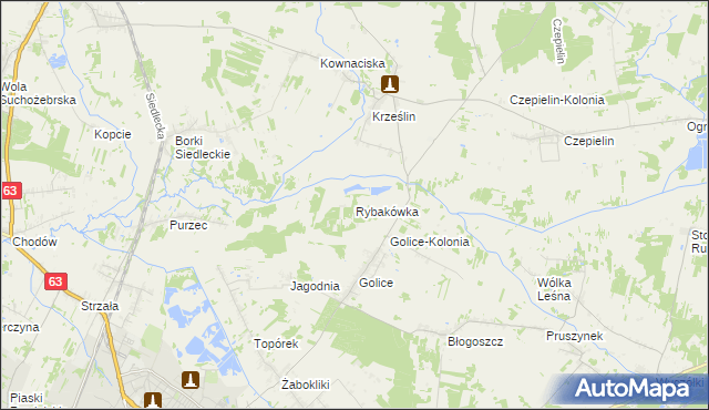 mapa Rybakówka gmina Siedlce, Rybakówka gmina Siedlce na mapie Targeo