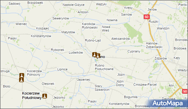 mapa Rybno powiat sochaczewski, Rybno powiat sochaczewski na mapie Targeo