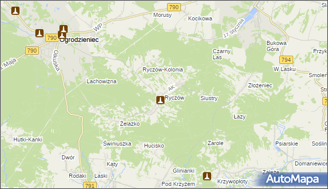 mapa Ryczów gmina Ogrodzieniec, Ryczów gmina Ogrodzieniec na mapie Targeo
