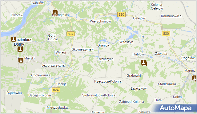 mapa Rzeczyca gmina Kazimierz Dolny, Rzeczyca gmina Kazimierz Dolny na mapie Targeo