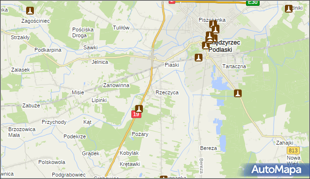 mapa Rzeczyca gmina Międzyrzec Podlaski, Rzeczyca gmina Międzyrzec Podlaski na mapie Targeo