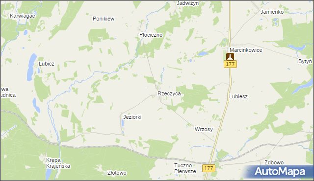 mapa Rzeczyca gmina Tuczno, Rzeczyca gmina Tuczno na mapie Targeo