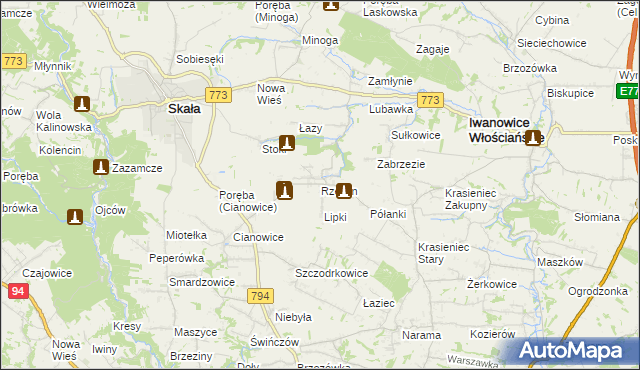 mapa Rzeplin gmina Skała, Rzeplin gmina Skała na mapie Targeo