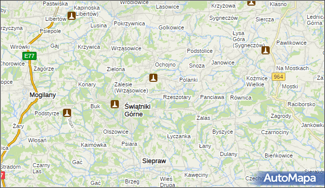 mapa Rzeszotary gmina Świątniki Górne, Rzeszotary gmina Świątniki Górne na mapie Targeo