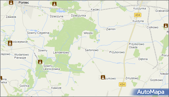 mapa Sarbinowo gmina Poniec, Sarbinowo gmina Poniec na mapie Targeo