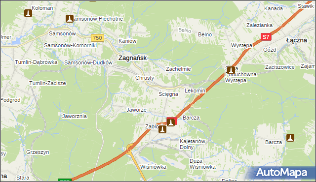 mapa Ścięgna gmina Zagnańsk, Ścięgna gmina Zagnańsk na mapie Targeo