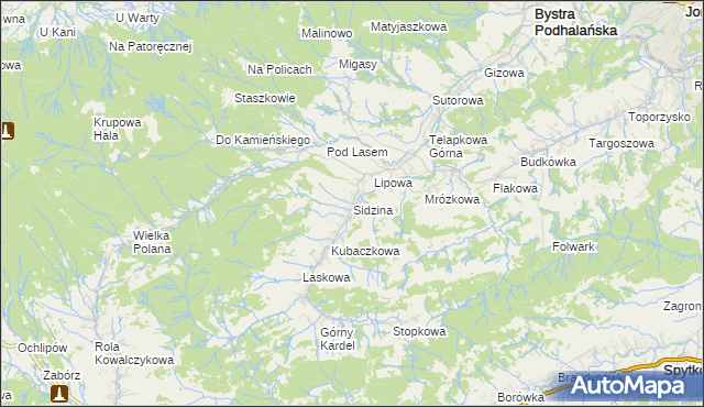 mapa Sidzina gmina Bystra-Sidzina, Sidzina gmina Bystra-Sidzina na mapie Targeo