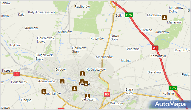 mapa Sieciechów gmina Kutno, Sieciechów gmina Kutno na mapie Targeo