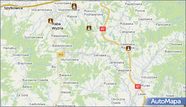mapa Sieniawa gmina Raba Wyżna, Sieniawa gmina Raba Wyżna na mapie Targeo