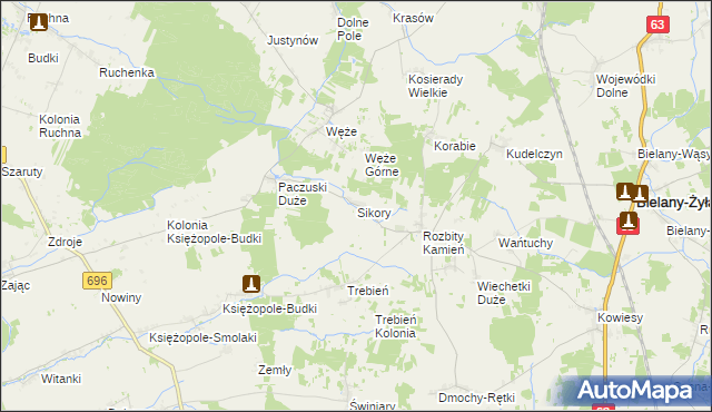 mapa Sikory gmina Bielany, Sikory gmina Bielany na mapie Targeo