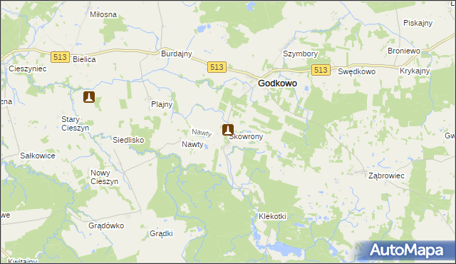 mapa Skowrony gmina Godkowo, Skowrony gmina Godkowo na mapie Targeo