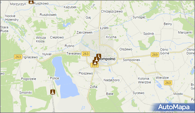 mapa Sompolno, Sompolno na mapie Targeo