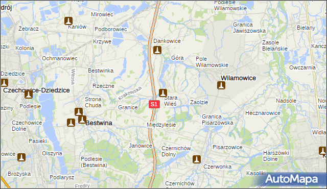 mapa Stara Wieś gmina Wilamowice, Stara Wieś gmina Wilamowice na mapie Targeo